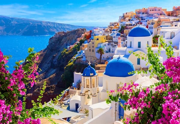 Santorini View with Flowers, Greece