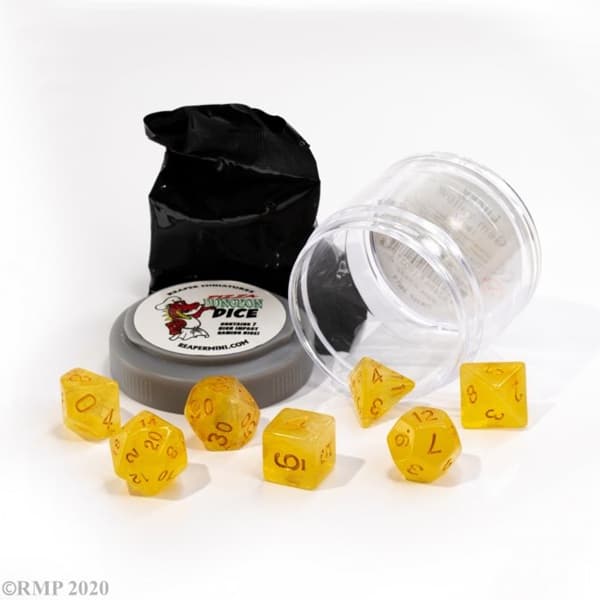 Dice - TerningesÃ¦t -  7 Terninger - Reaper Miniatures - Pizza Dungeon Dice: Gem Yellow (Inkl. 1 Figur)