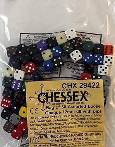 Dice - Chessex Opaque - Bag of 50 dice - Assorted Polyhedral d6 (6-Sidet) - 12mm w. Pips - TilfÃ¦ldige