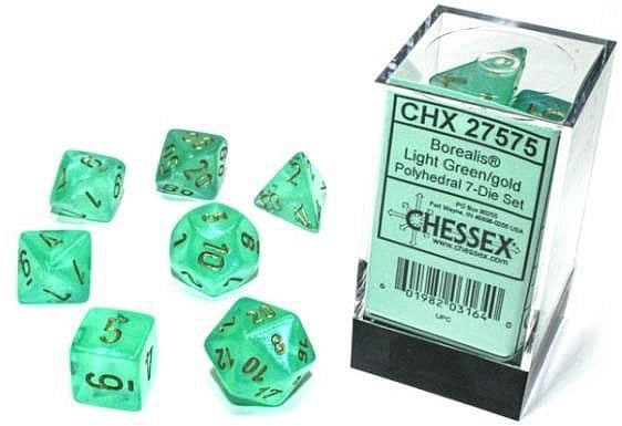Dice - TerningesÃ¦t - 7 terninger - Borealis Polyhedral Luminary (Glow-in-the-Dark): Light Green With Gold