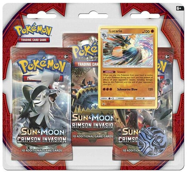 Pokemon Blister Pack - 3 Sun & Moon: Crimson Invasion Booster Pakker + Lucario Black Star Promo & Pokemon MÃ¸nt