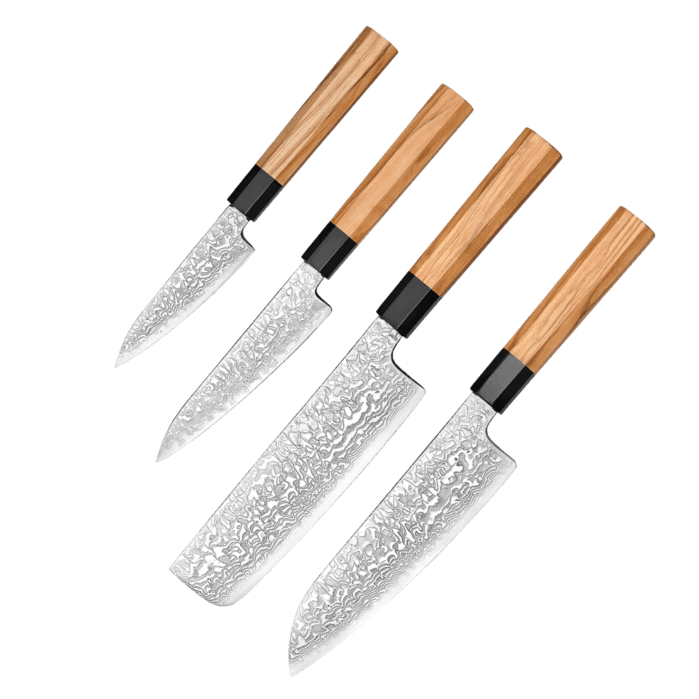 Japansk knivsæt | Paring Petty Nakiri Santoku | Damaskus Yuki-onna